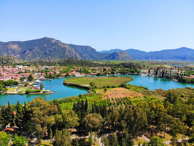 空中全景Dalyan Kaunos, Fethiye，土耳其